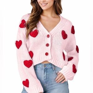 Pink Heart Cardigan – Cropped V-Neck Button Sweater, Valentine Knit